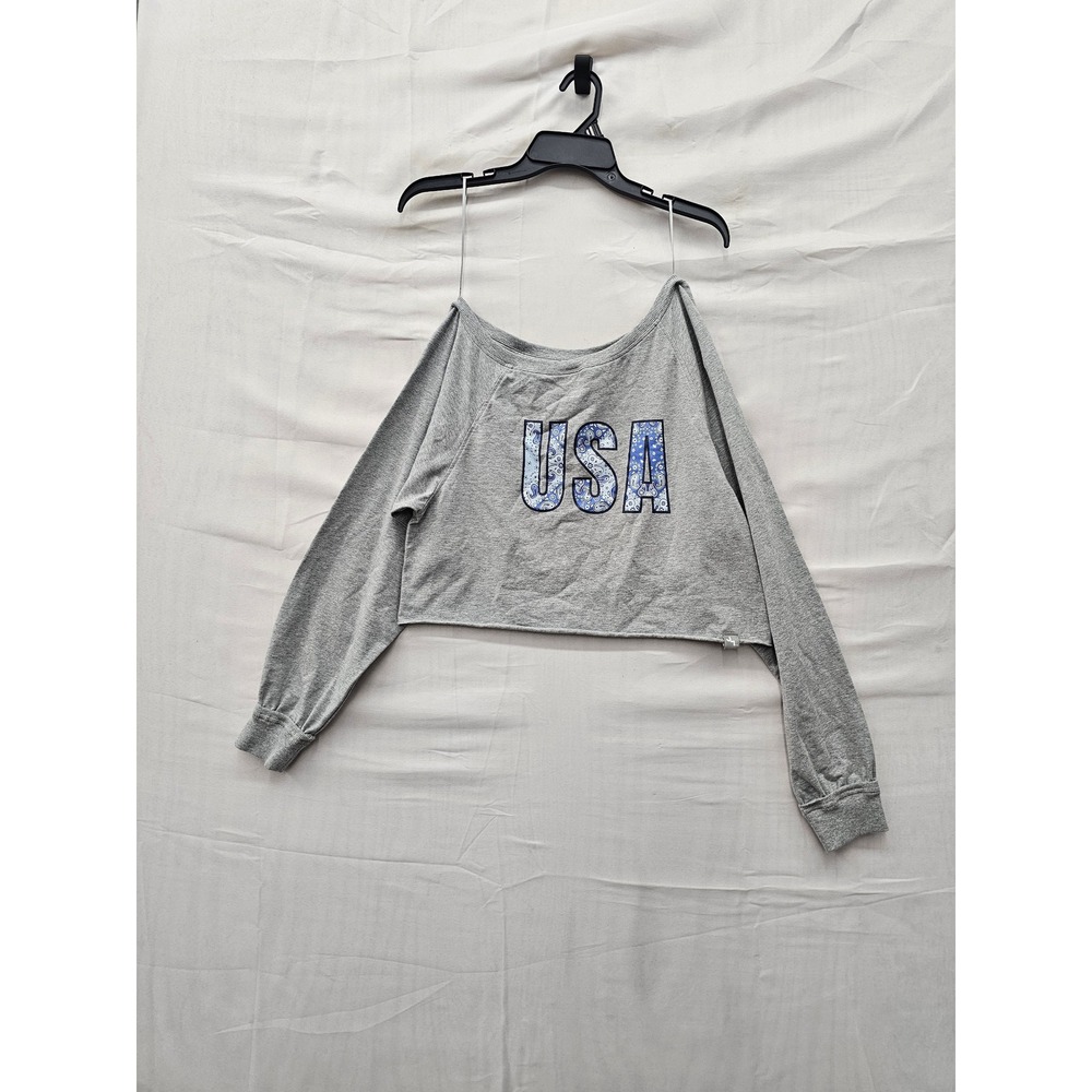 JoyLab Womens USA Graphic Cropped Pullover Gray Cotton Blend Athletic Size XXS
